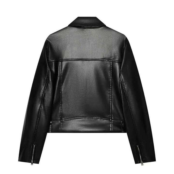 Damen Kurz geschnittene Bikerjacke aus Kunstleder mit asymmetrischem Reißverschluss und Schulterklappen Drune