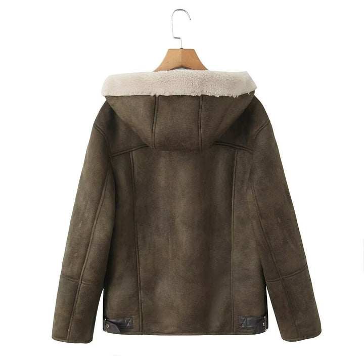 Damen Kapuzen-Lammfellimitat-Bomberjacke mit Teddyfutter und Reißverschluss Drune