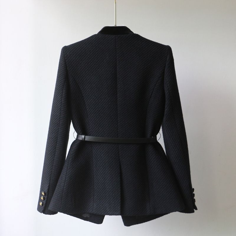 Damen Elegante Bouclé-Blazerjacke mit Samtbesatz und Taillengürtel Drune