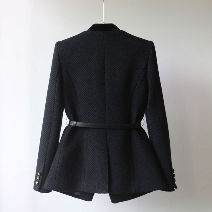 Damen Elegante Bouclé-Blazerjacke mit Samtbesatz und Taillengürtel Drune