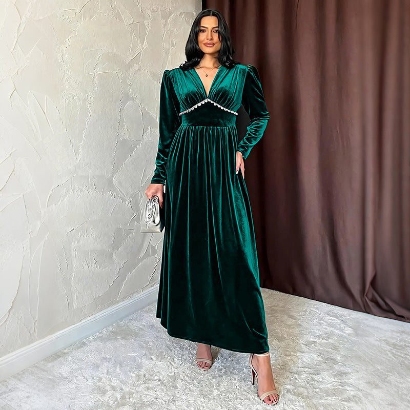 Damen Elegantes Maxikleid mit V-Ausschnitt und Rüschen Drune