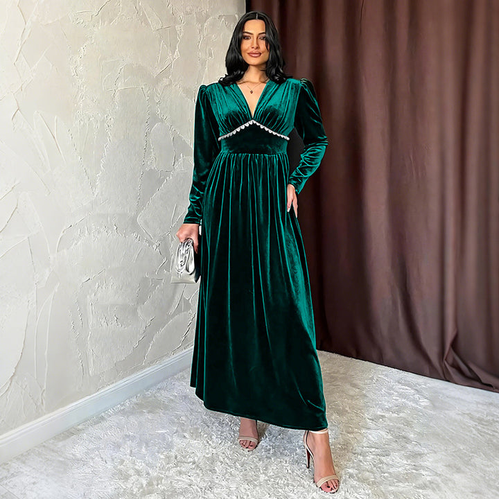 Damen Elegantes Maxikleid mit V-Ausschnitt und Rüschen Drune