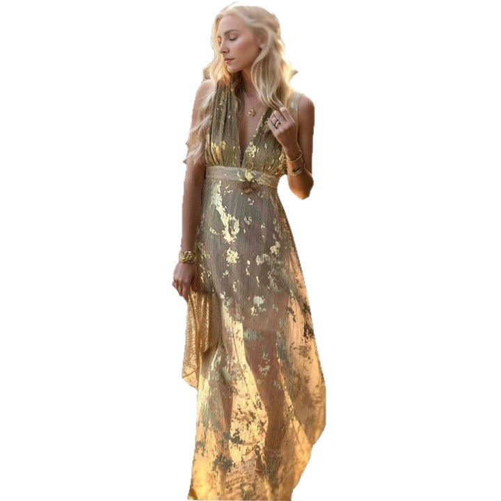 Damen Elegant fließendes Abendkleid mit goldenen Akzenten und tiefem V-Ausschnitt Drune