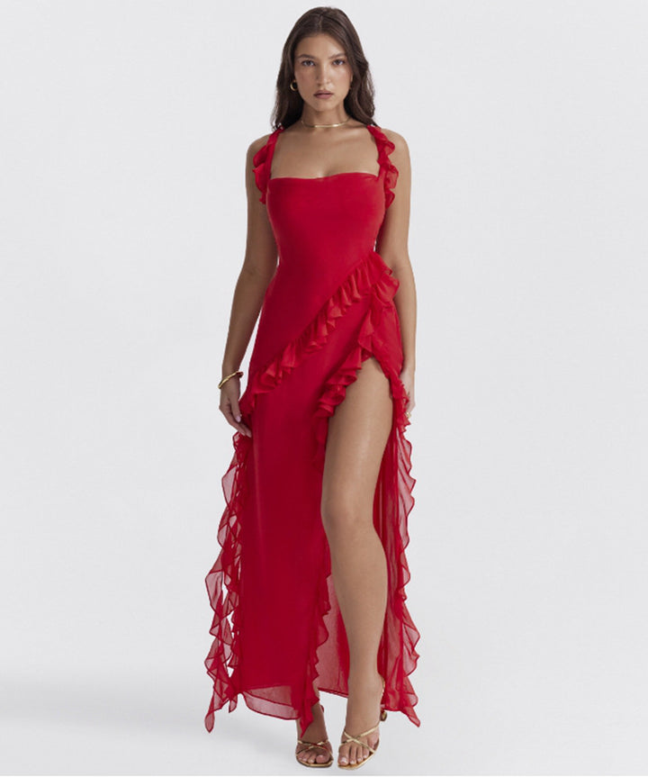 Damen nan langes Abendkleid mit quadratischem Ausschnitt, Schulter-Rüschenträgern und hoher Beinschlitze Drune