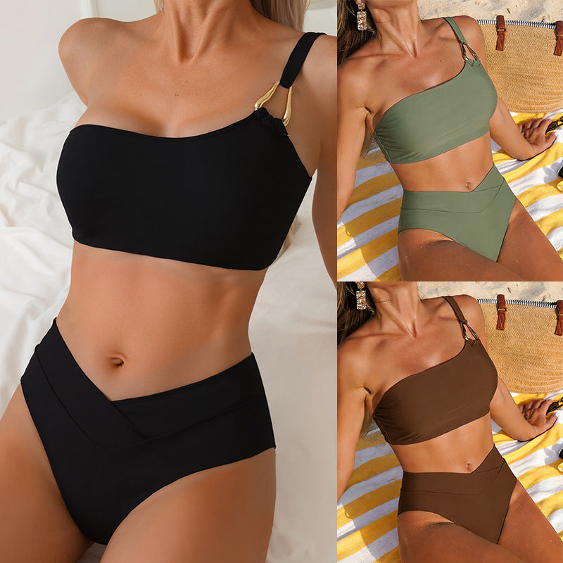 Damen Hochtailliertes Bikini-Set mit asymmetrischem Oberteil Drune