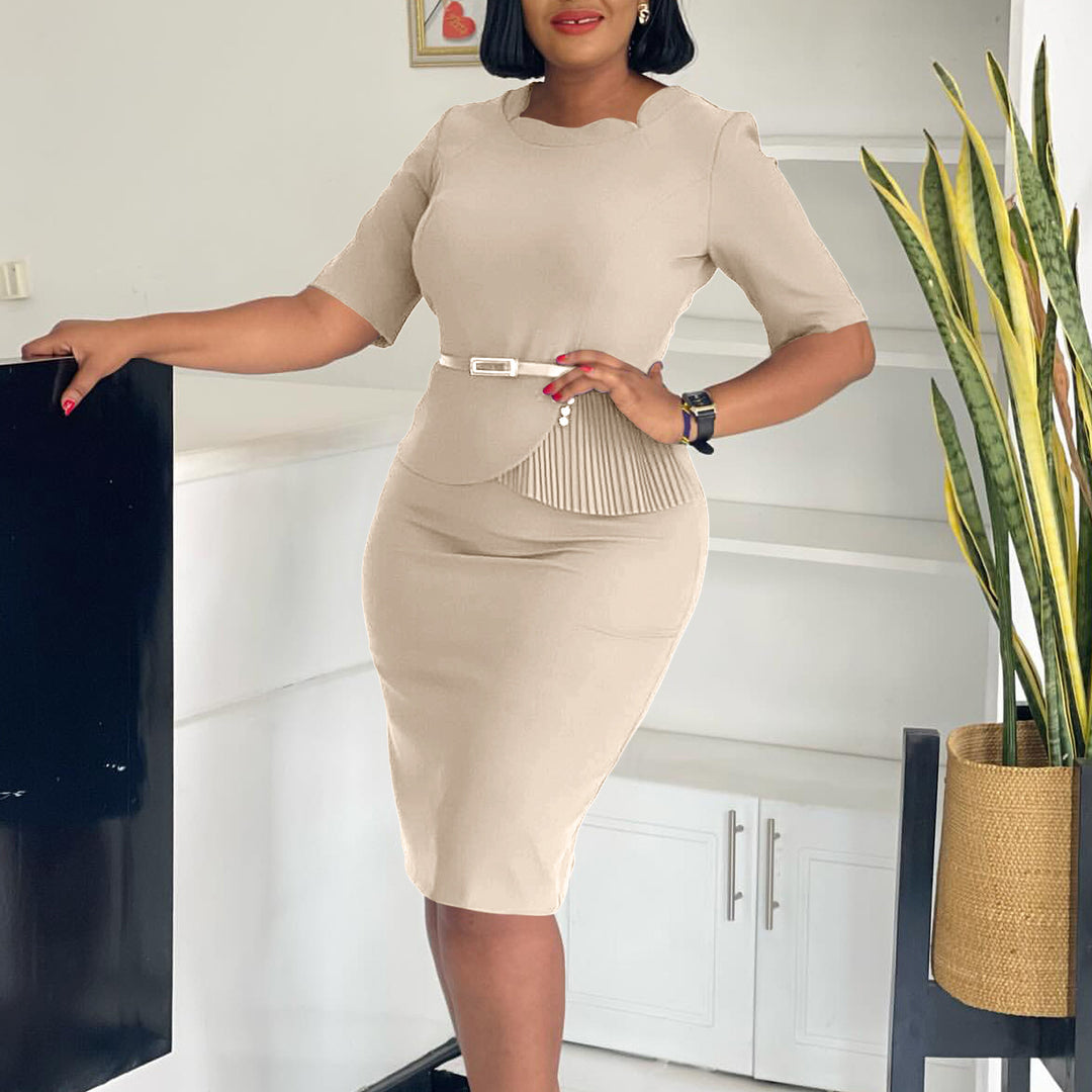 Damen Midi-Kleid mit drapierter Vorderseite und abnehmbaren Taillengürteln Drune