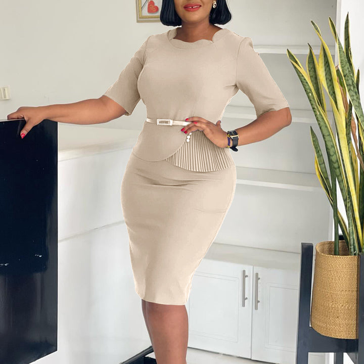 Damen Midi-Kleid mit drapierter Vorderseite und abnehmbaren Taillengürteln Drune