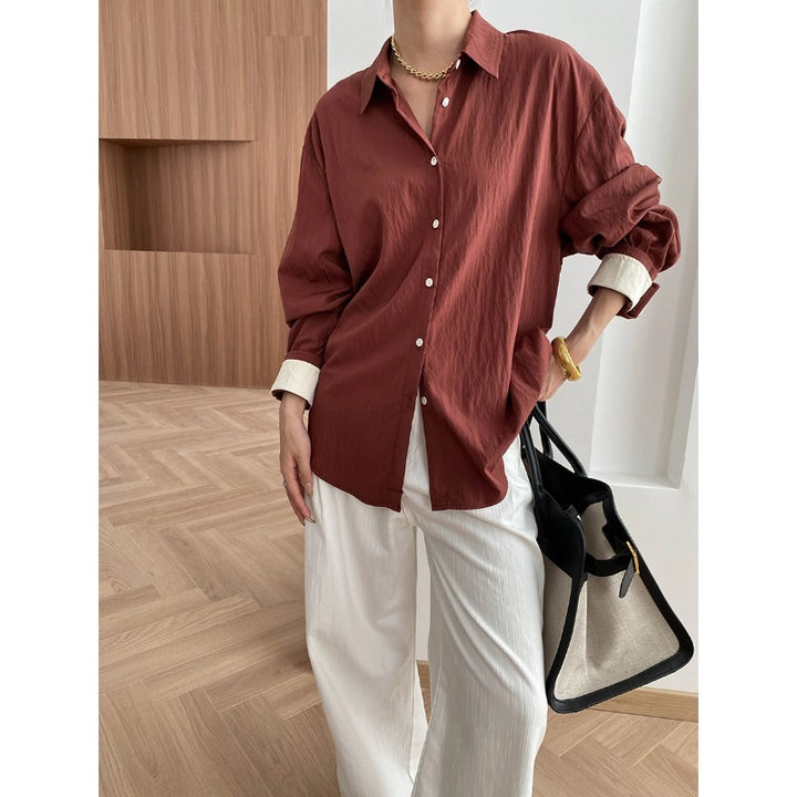 Damen lässige Oversized-Hemdbluse mit feinen Details und Kontrastärmeln Drune