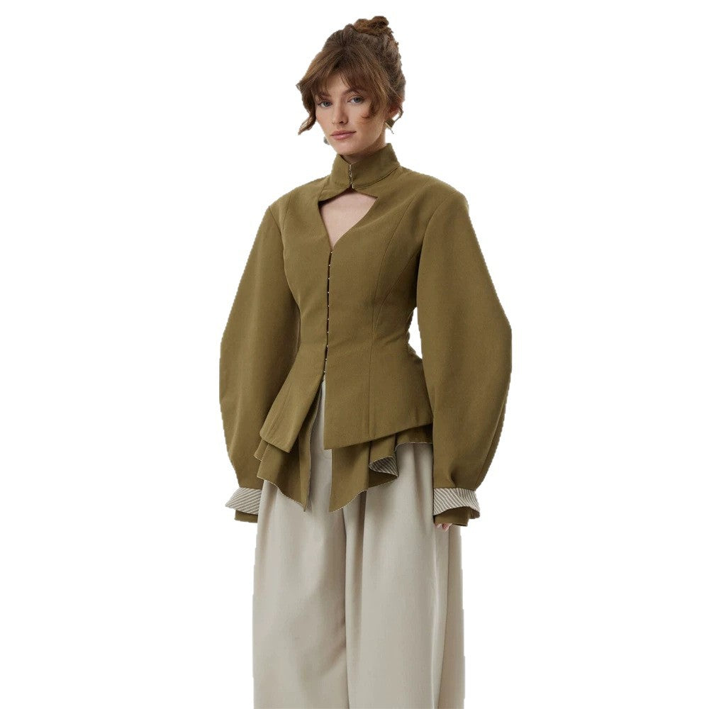 Damen taillierte Jacke mit Stehkragen, Cut-Out und Ballonärmeln Drune