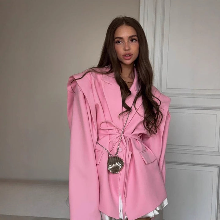 Damen oversized Blazerjacke mit Gürtel und stylischem Revers Drune