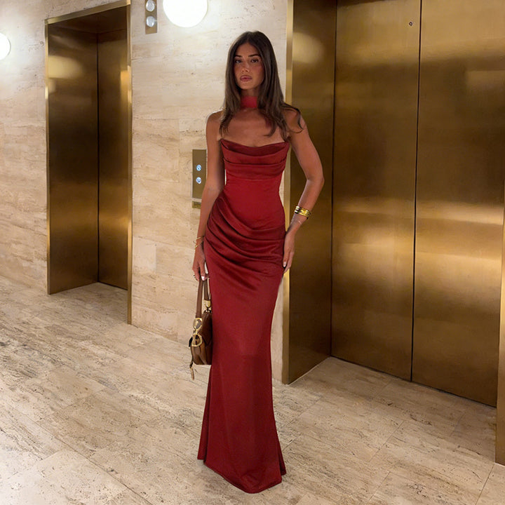 Damen elegantes Maxikleid mit raffiniertem Wasserfallausschnitt und figurbetontem Schnitt Drune