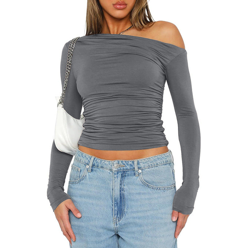 Damen figurbetontes Langarmshirt mit asymmetrischem Ausschnitt und Raffungen Drune