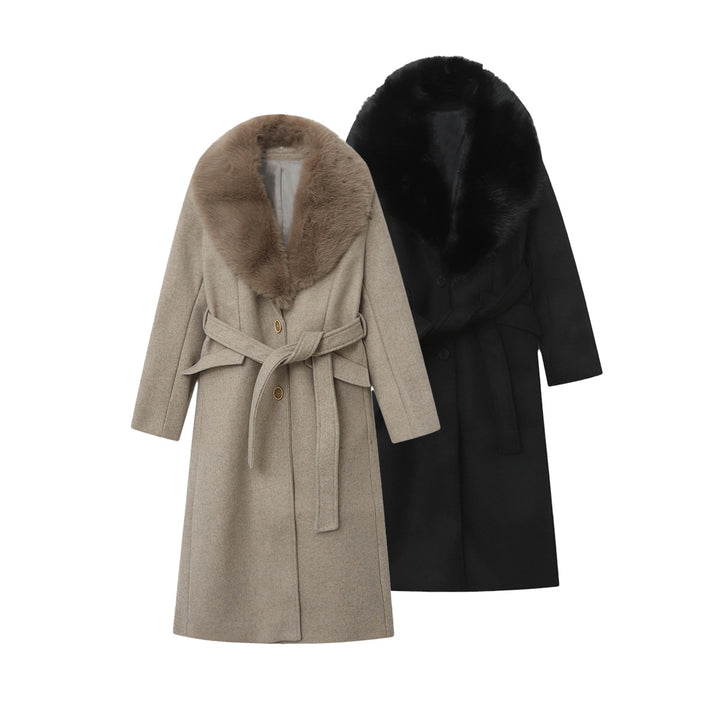 Damen nan eleganter Mantel mit großem abnehmbaren Schalkragen aus Fauxfur, Wickelgürtel und verdeckter Knopfleiste Drune