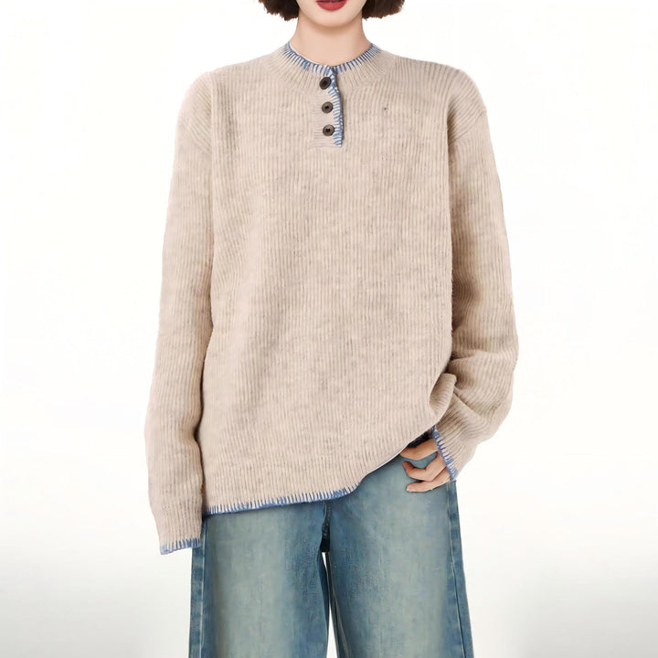 Damen Lässiger Pullover mit dekorativen Knopfdetails und kontrastierenden Abschlüssen Drune