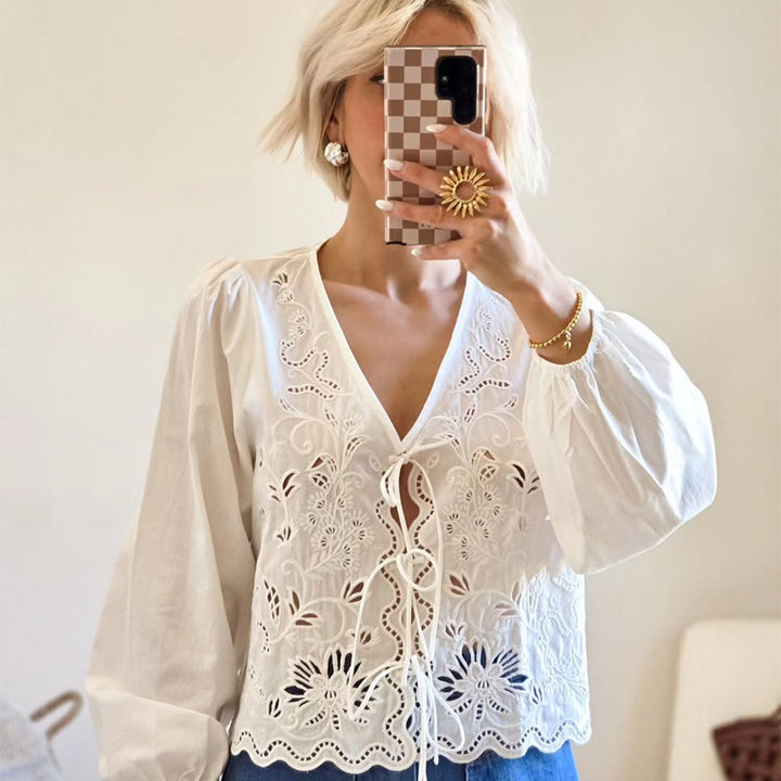 Damen Leichte Broderie-Anglaise-Spitzenbluse mit V-Ausschnitt, Bindeband und Ballonärmeln Drune