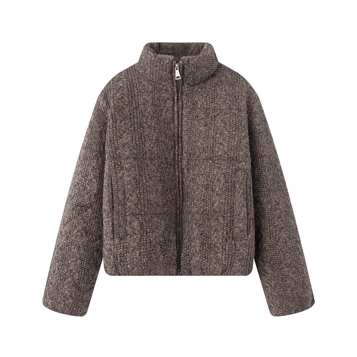 Damen nan gesteppte Strickoptik-Steppjacke mit Zopfmuster, Stehkragen und Eingrifftaschen Drune