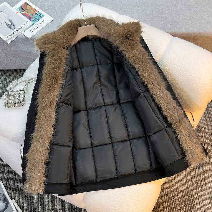 Damen nan mittellanger winddichter Winterparka mit abnehmbarem Kunstfellkragen, wattierter Innenblende und asymmetrischem Saum Drune