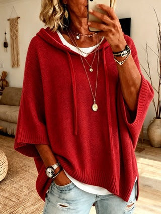 Damen nan Oversize Strickponcho mit Kapuze und kurzen Ärmeln Drune