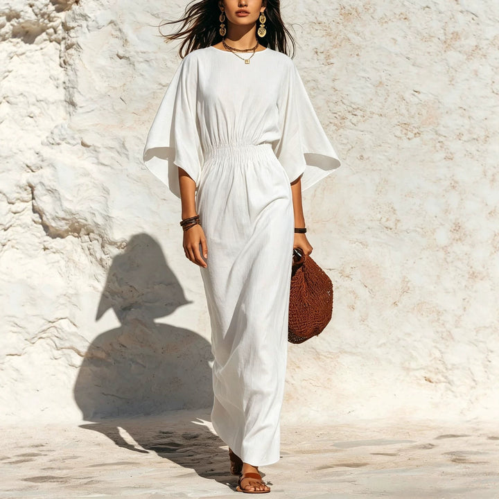 Damen Maxikleid mit Fledermausärmeln und geraffter Smock-Taillierung Drune