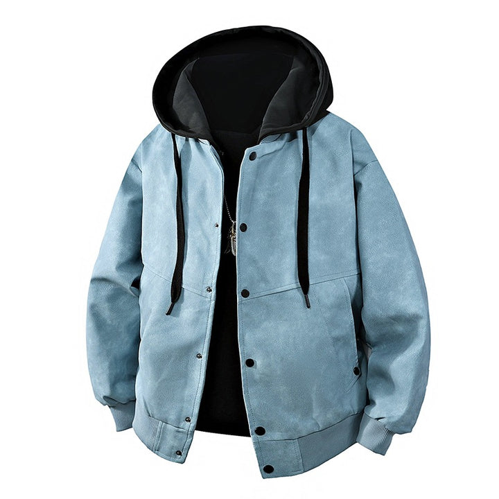 Herren Veloursleder‑Optik Kapuzenjacke mit Druckknopfblende, Oversize‑Schnitt & gerippten Bündchen Drune
