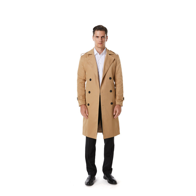Herren Knielanger Trenchcoat im klassischen Doppelreiher mit Schulterklappen und Taillengürtel Drune
