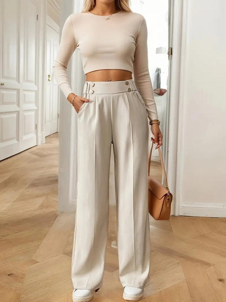 Damen Hochtaillierte weite Marlene-Hose mit Zierknopf-Bund und Bügelfalte Drune