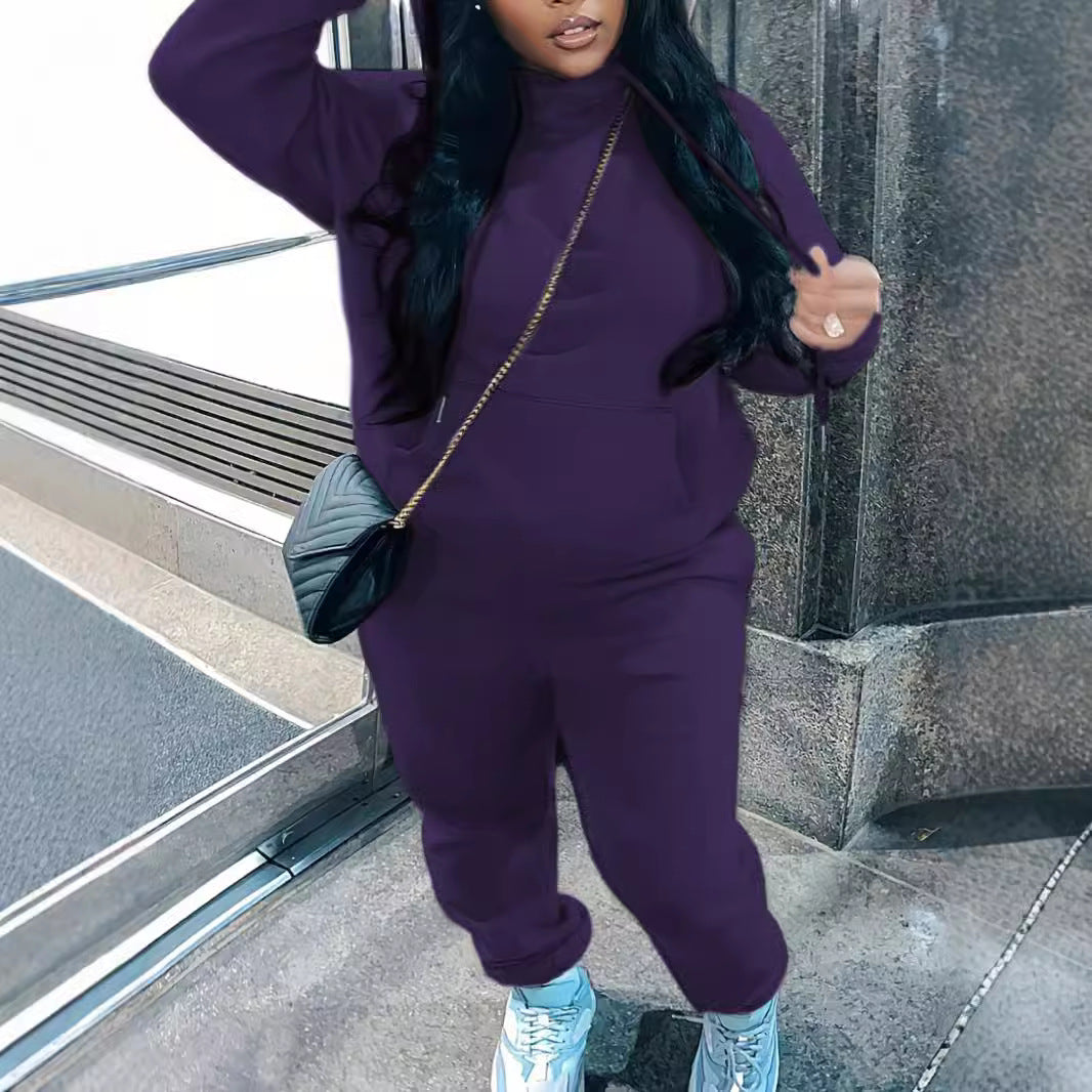 Damen nan kuscheliges Hoodie‑und Jogginghose Set mit hohem Kragen, Kängurutasche und tailliertem Bund Drune
