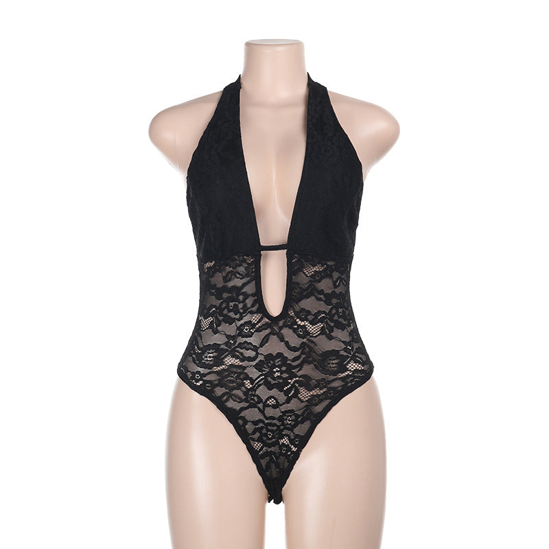 Damen eleganter Spitzenbadeanzug mit tiefem V-Ausschnitt und Rückenschlitz Drune