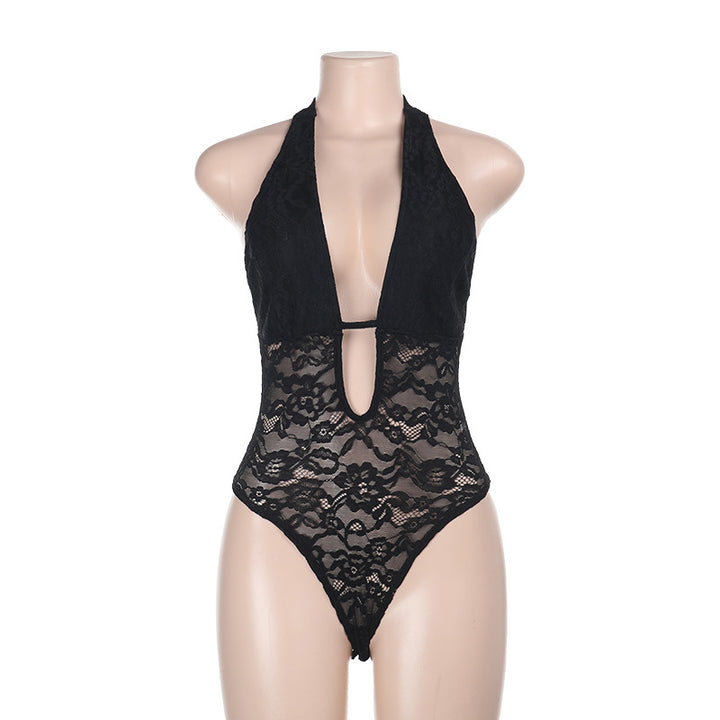 Damen verführerischer Neckholder-Badeanzug mit transparenten Spitzeinsätzen Drune