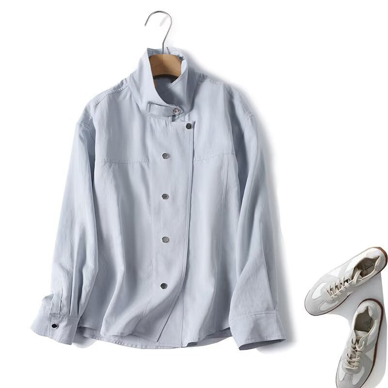 Damen Leichte Oversize-Blusenjacke mit Stehkragen und verdeckter Druckknopfleiste Drune