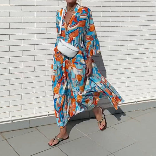 Damen nan luftiges Maxikleid mit Aquarellprint, V‑Ausschnitt, halber Knopfleiste und Stufenrock Drune