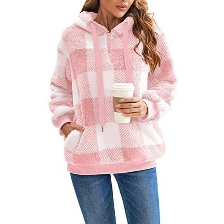 Damen kuschelige Karo-Hoodiejacke mit Reißverschluss und Kängurutasche Drune