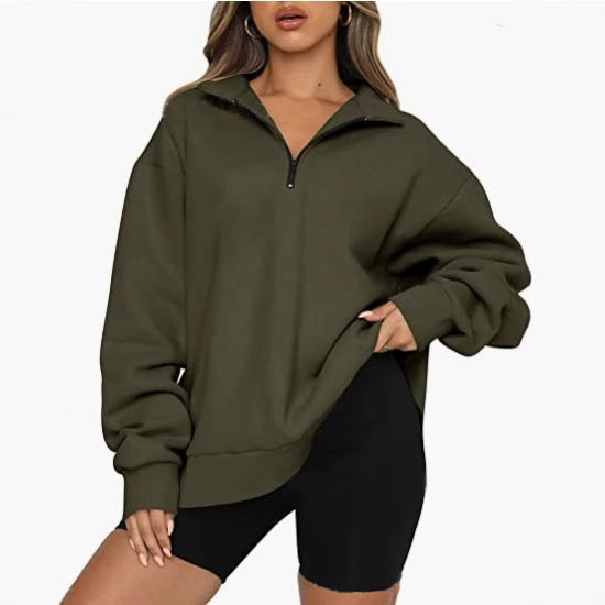 Damen nan oversized Sweatshirt mit halbem Reißverschluss, Stehkragen und überschnittener Schulter Drune