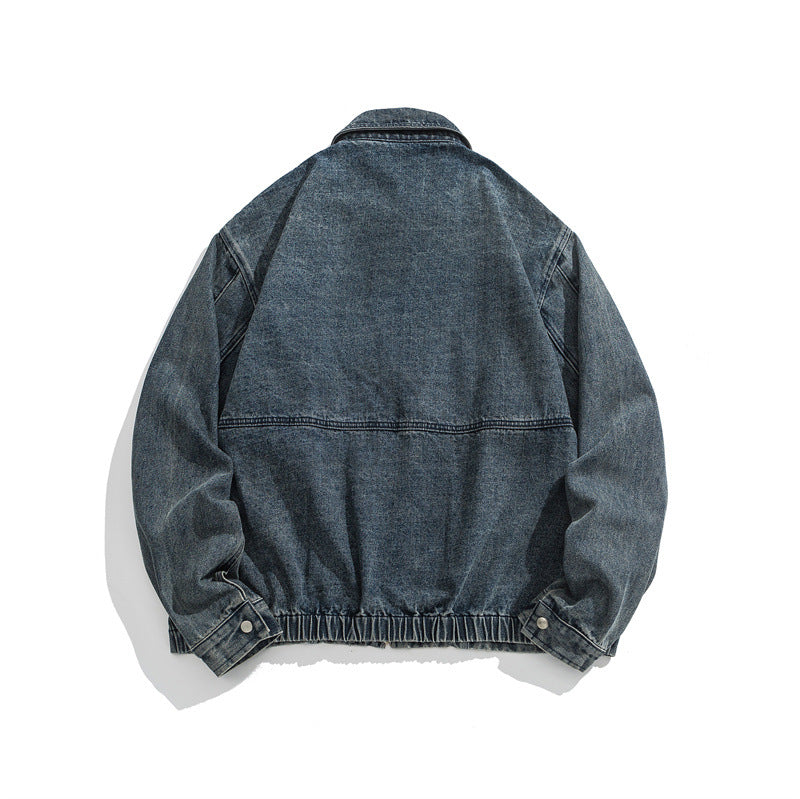 Unisex Kurz geschnittene Denim-Workerjacke mit durchgehendem Reißverschluss und kastiger Silhouette Drune