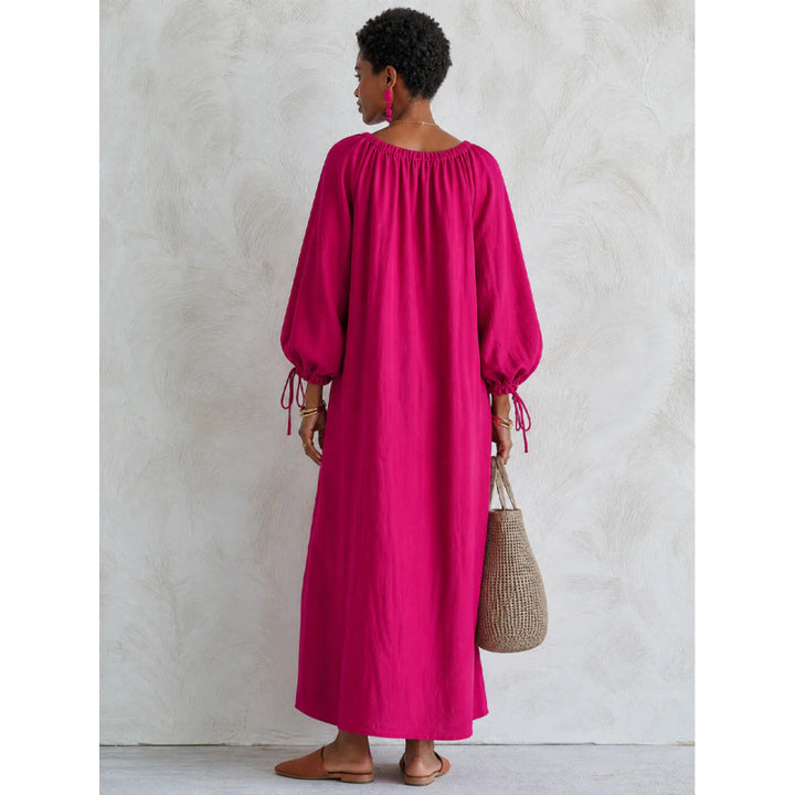 Damen Luftiges Leinenoptik-Maxikleid mit Kordelkragen, Ballonärmeln und Eingrifftaschen Drune