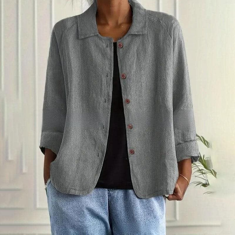 Damen Oversized Leinen-Hemdjacke mit Hemdkragen, 3/4-Ärmeln und durchgehender Knopfleiste Drune