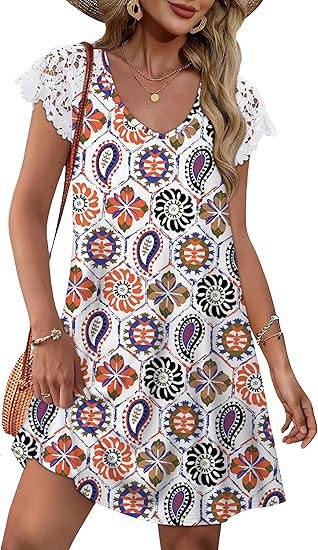 Damen Sommerkleid mit eleganten Spitzenärmeln und floralem Muster Drune