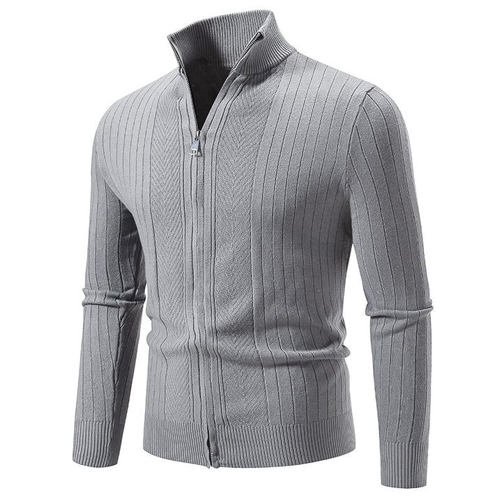 Herren Schmal geschnittene Feinstrick-Zipjacke mit Stehkragen und markanter Rippstruktur Drune