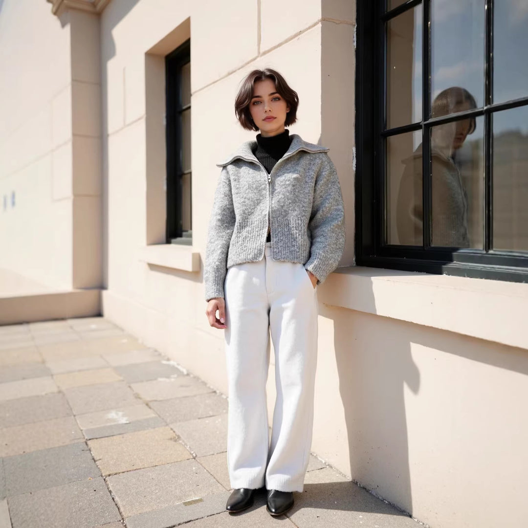 Damen kurze gezippte Strickjacke mit Stehkragen und Rippenbund Drune