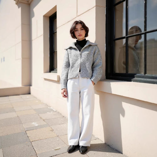 Damen kurze gezippte Strickjacke mit Stehkragen und Rippenbund Drune