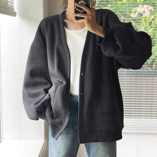 Damen Oversized Sweatcardigan mit Knopfleiste, aufgesetzten Taschen und überschnittener Schulter Drune