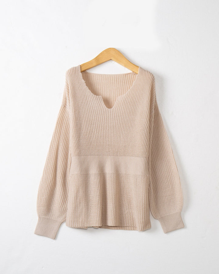 Damen Lockerer Feinstrick-Pullover mit V-Notch-Ausschnitt, Tailliertem Rippbund und Ballonärmeln Drune