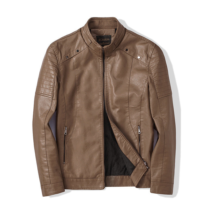 Herren Slim-Fit Kunstleder-Bikerjacke mit Stehkragen und Reißverschlusstaschen Drune