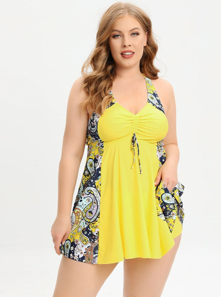 Drune | Plus Size V-Ausschnitt Badeanzugkleid mit Kreuzträgern