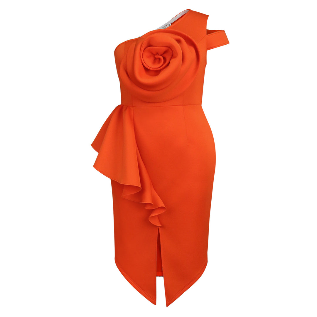 Damen Elegantes One-Shoulder Kleid mit Zierblüte und asymmetrischem Saum Drune