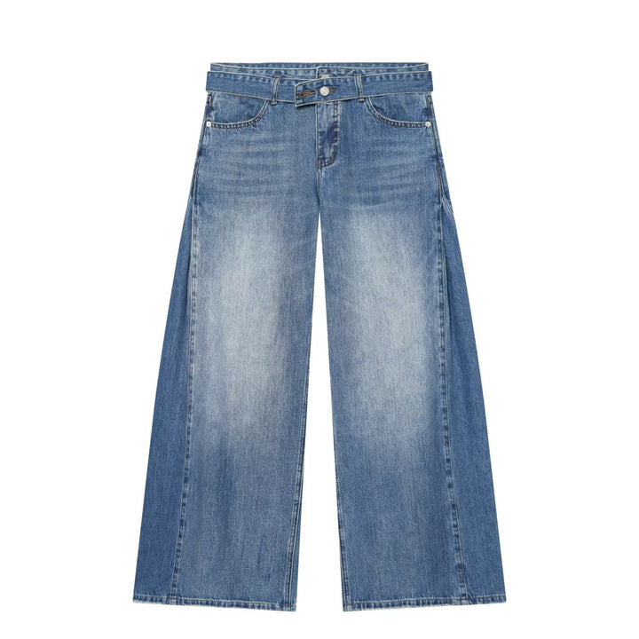 Damen Weite High‑Waist Jeans mit Ziergürtel und seitlichen Einsatzbahnen Drune