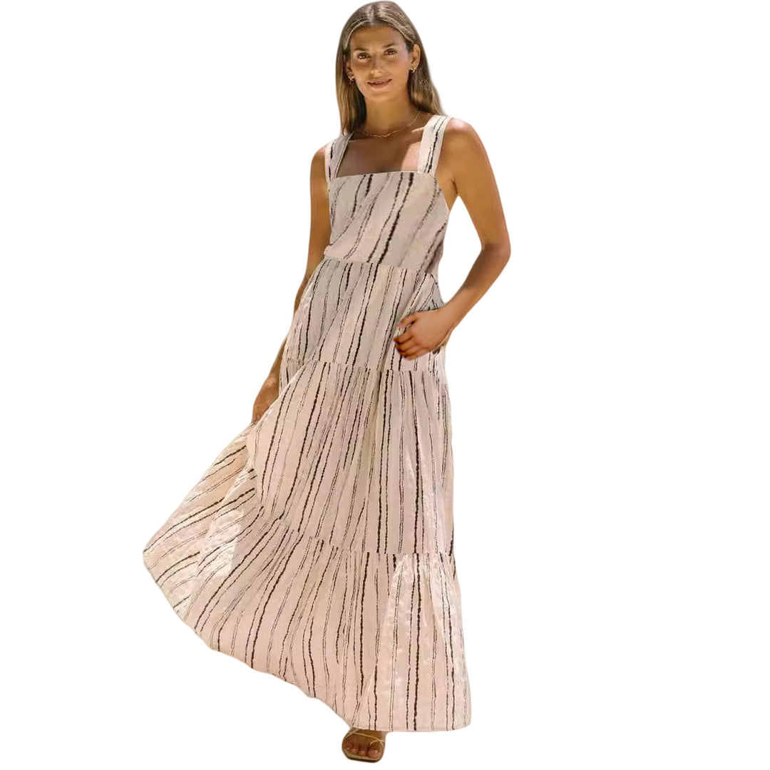 Damen Maxikleid mit verstellbaren Trägern und einzigartigem Streifenmuster Drune