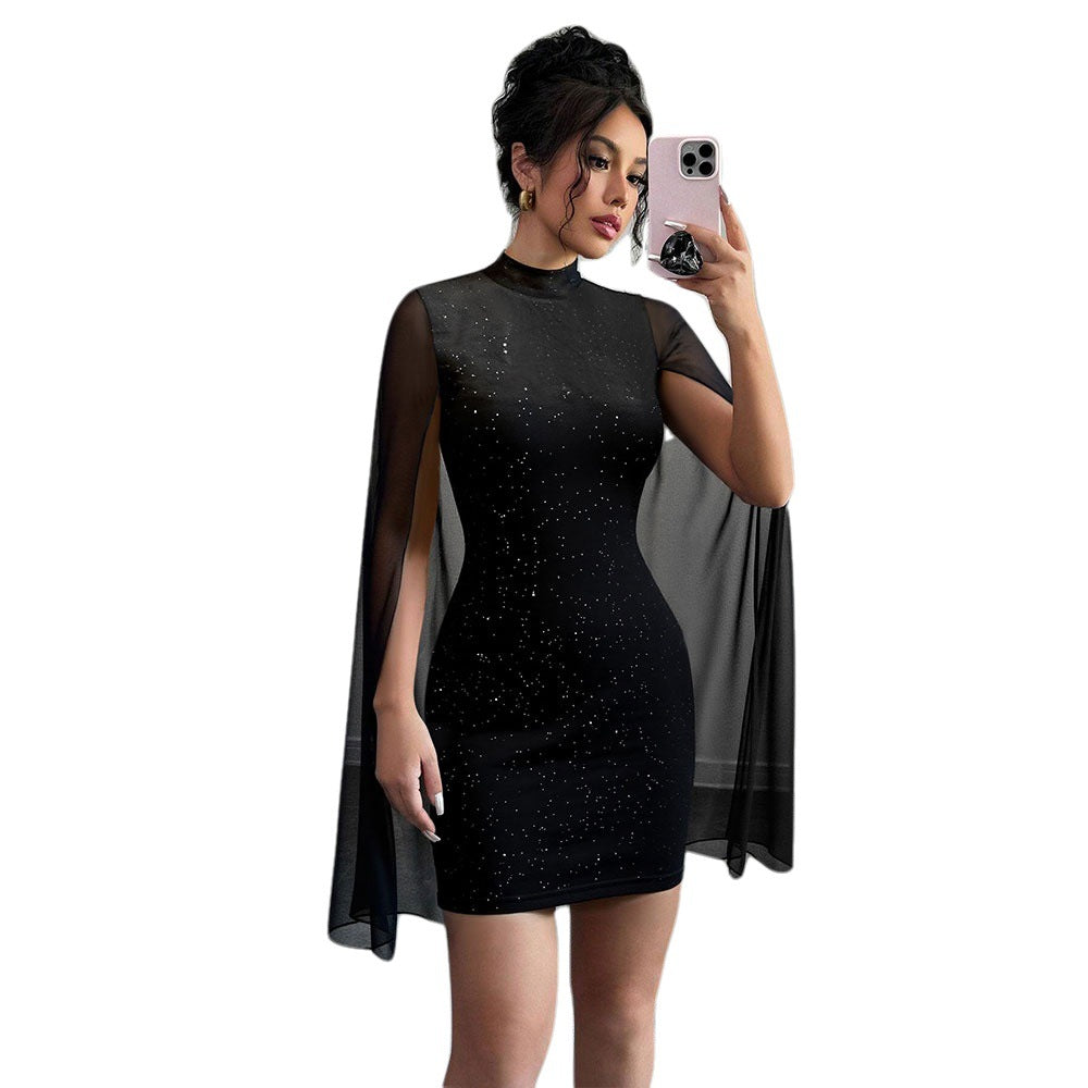 Damen figurbetontes Minikleid mit fließenden Cape-Ärmeln und funkelnder Punktverzierung Drune