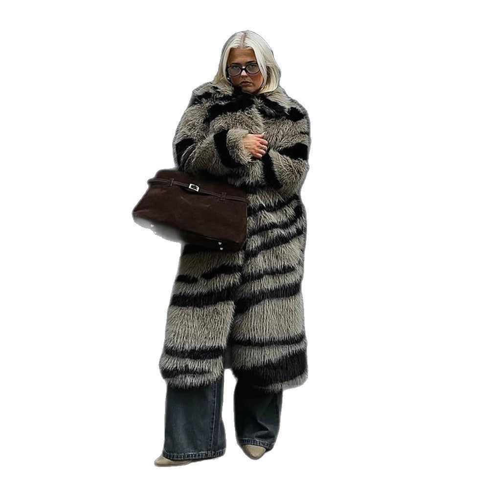 Damen Oversize Kunstpelz-Mantel mit gestreiftem Maxi-Schnitt Drune
