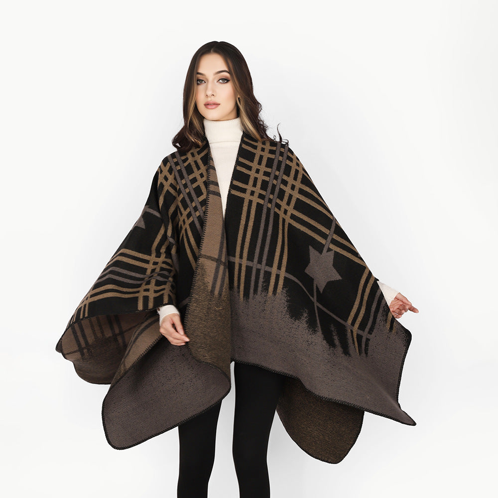 Damen Oversize-Capeponcho aus Wollmix mit Stern- und Karojacquard und weichfallendem Fall Drune